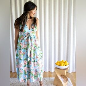 BANJANAN Eliza Dress Sky Blue Rose Floral Print Tiered Maxi midi 17” PTP